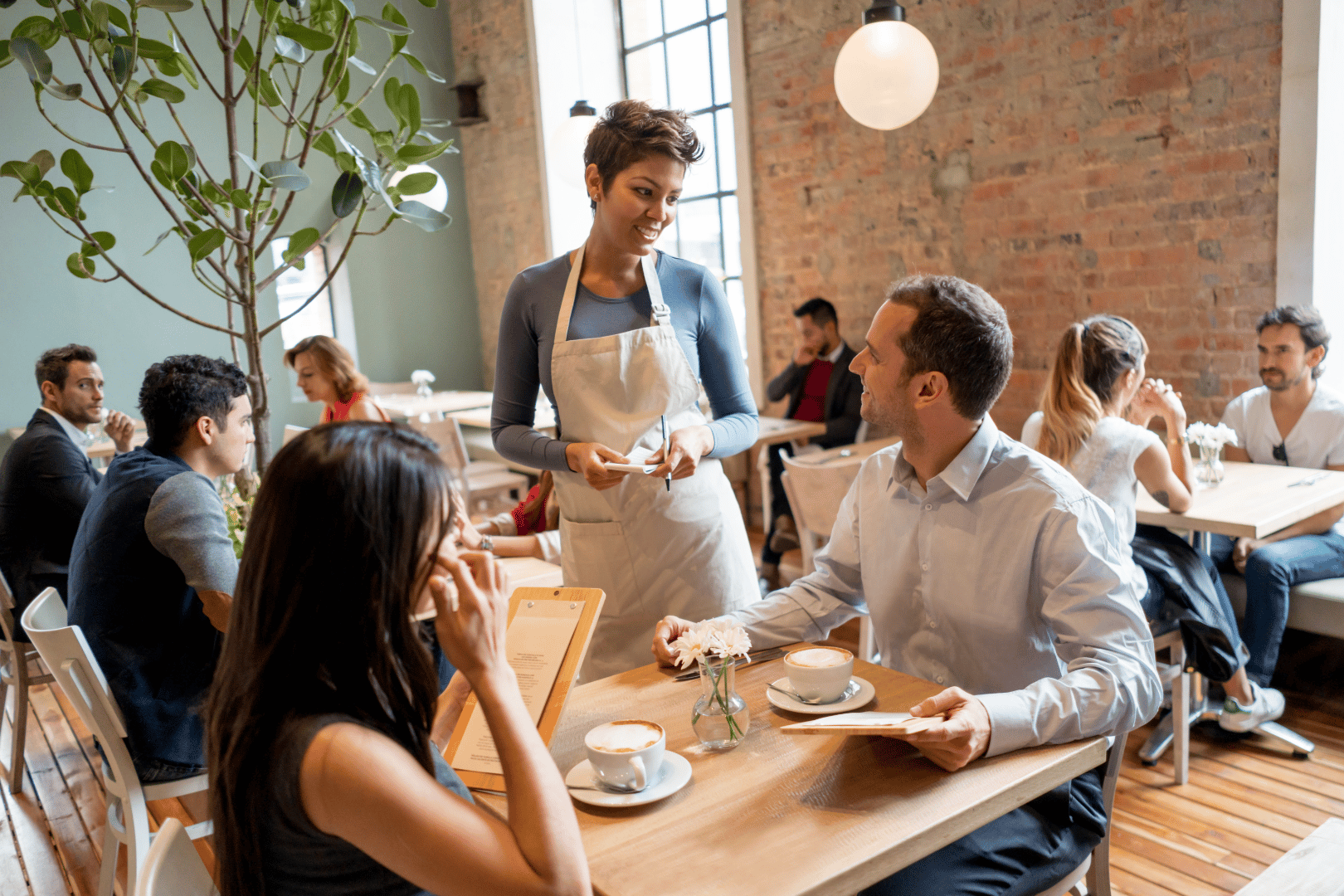 waitress talking to customer design